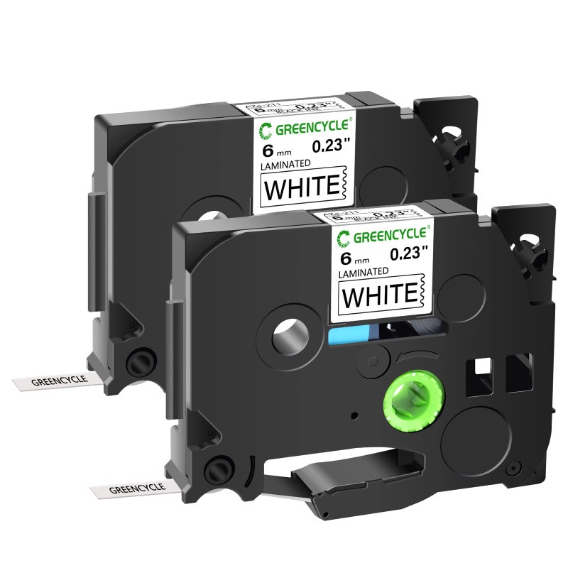 GREENCYCLE 2-Pack Compatible for Brother 1/4"" 0.23"" x 26.2ft Black on White AZE 211 TZe-211 TZe211 TZ211 Standard Laminated Label Tape for P Touch PT-D210 PTD400AD PT1230 PTH110 PT Cube Labeler - Image 1
